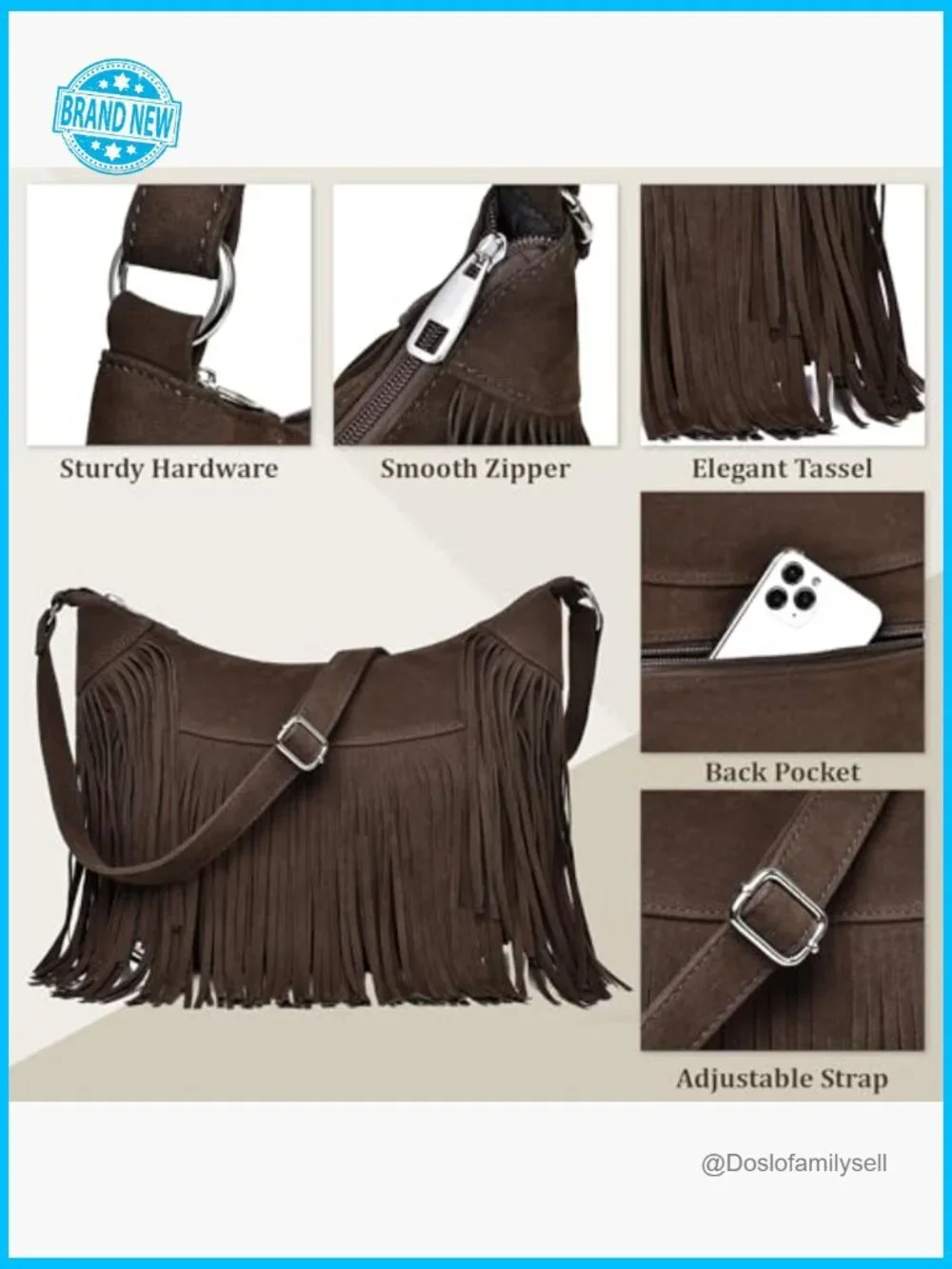 Vintage Suede Fringe Hobo Bag Crossbody Tassel Shoulder Purse Western Cowgirl
